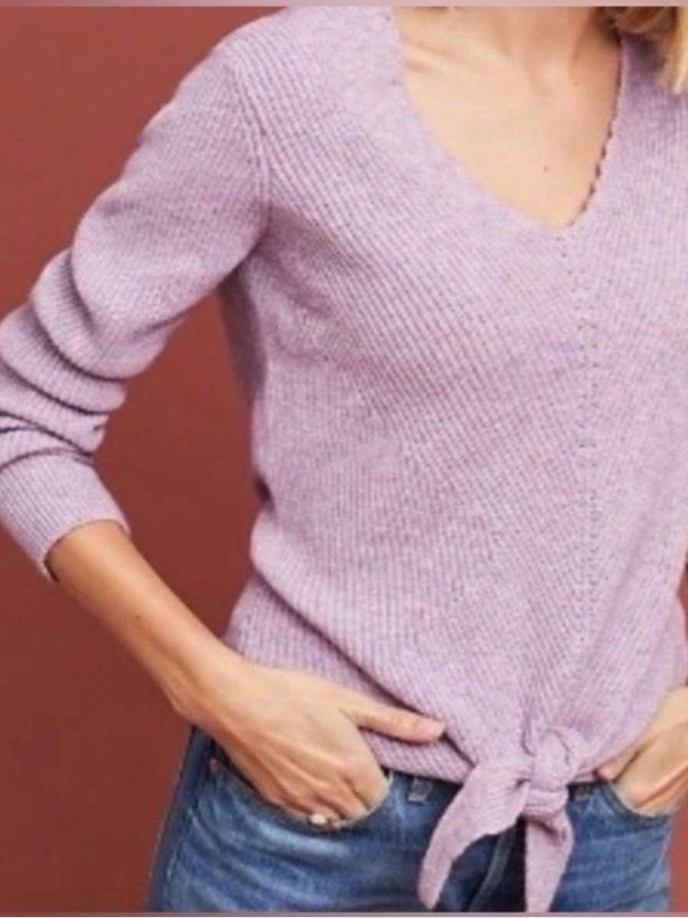 Moth by Anthropologie Womens Lavender Tie Front V-neck Soft Sweater, Size S, EUC